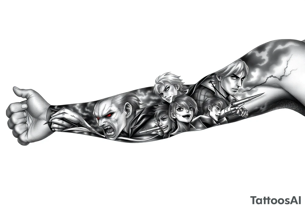 Full anime sleeve tattoo in black and grey realism, featuring intense anime characters with sharp shading, dramatic lighting, and high contrast. Multiple characters integrated seamlessly along the arm, with overlapping panels, bold linework, and detailed facial expressions. Dark shadows and smoky effects in the background for depth. Masculine and dynamic style, designed as a complete arm sleeve tattoo idea