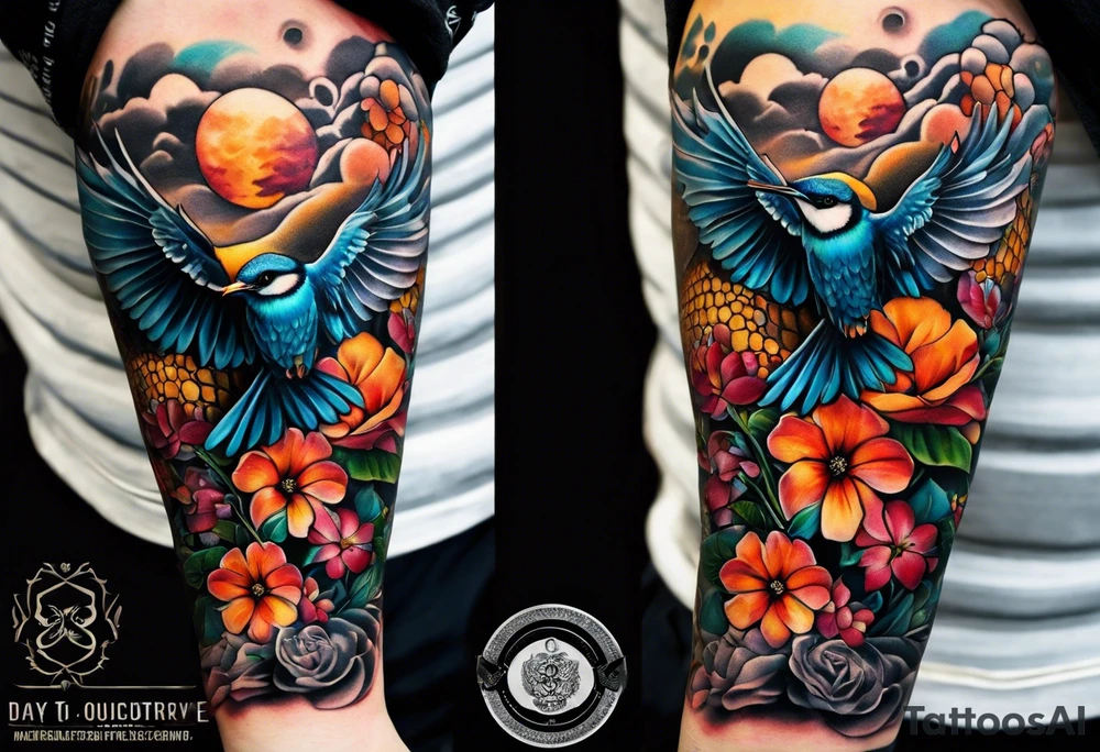 A lower forearm sleeve full colour coming down from a bicep with flowers joined with honeycombs, Mandela flowers, humming bird, and owl.  Lighthouse. tattoo idea