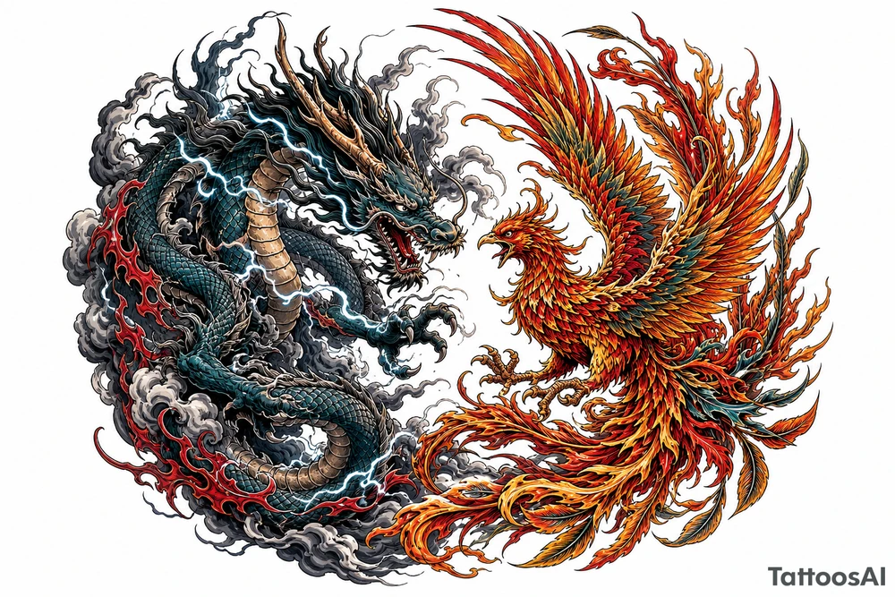 Japanese dragon and phoenix battling amidst dark storm clouds. tattoo idea