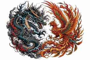 Japanese dragon and phoenix battling amidst dark storm clouds. tattoo idea