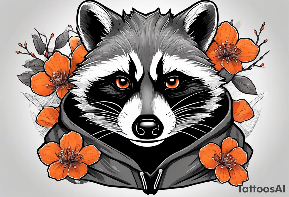 raccoon wearing a black and white Superman hoodie and orange Japanese cherry blossoms tattoo idea