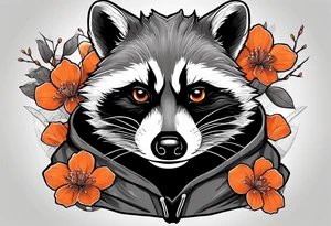 raccoon wearing a black and white Superman hoodie and orange Japanese cherry blossoms tattoo idea