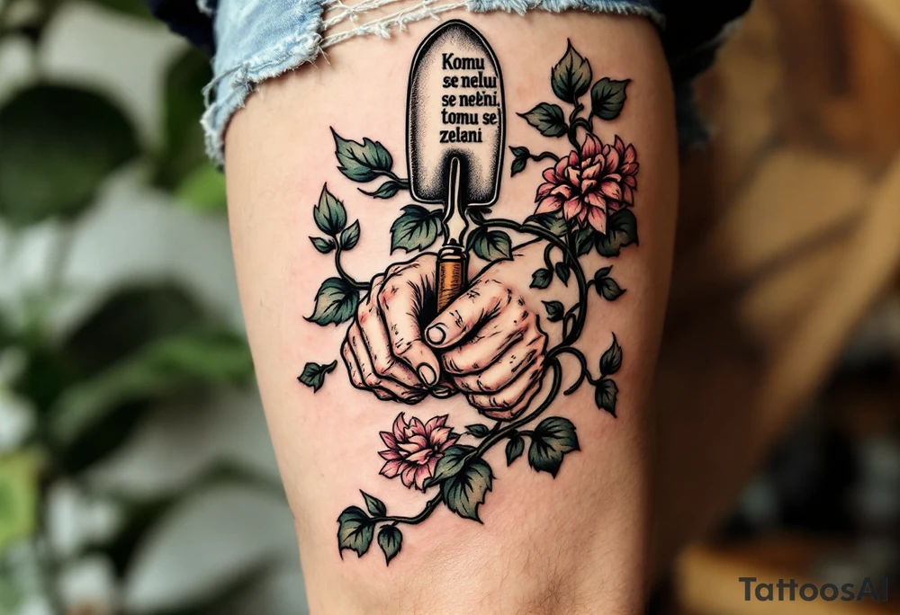 "Komu se neleni, tomu se zeleni." — Lush green vines wrapping around a pair of hard-working hands holding a trowel, with the phrase blooming along the handle. tattoo idea