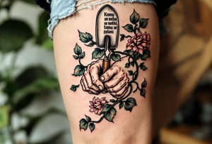 "Komu se neleni, tomu se zeleni." — Lush green vines wrapping around a pair of hard-working hands holding a trowel, with the phrase blooming along the handle. tattoo idea