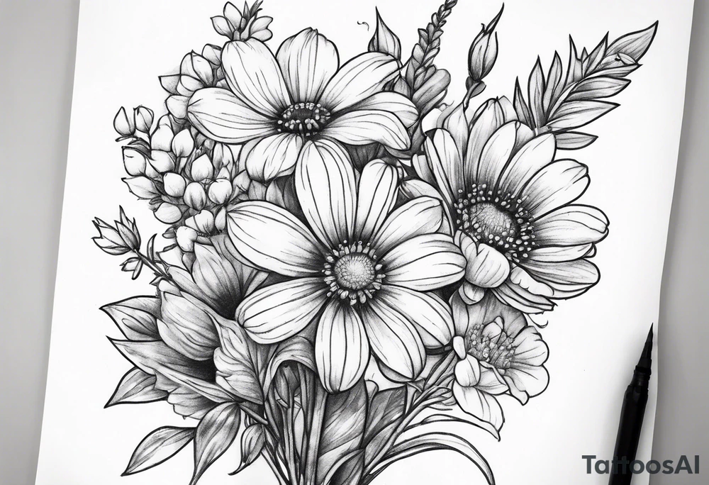 small long stem wildflower bouquet tattoo idea