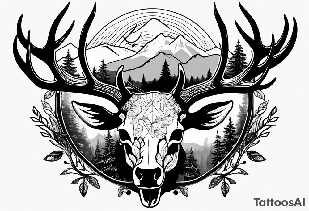 elk skull with mountains and trees
with a stream and birds overhead tattoo idea