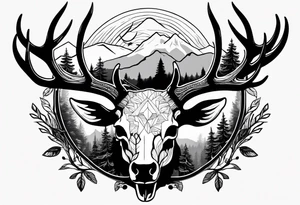 elk skull with mountains and trees
with a stream and birds overhead tattoo idea