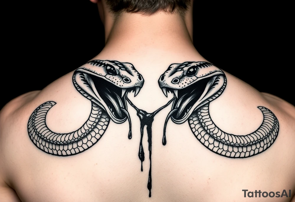 A 2 Headed snake 1 dominate 1 and the other bigger and scarier both heads giant fangs out 1 head pulling away so hard there’s blood on the neck where the 2 heads split its 2 fierce baby cobra heads tattoo idea
