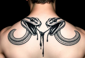 A 2 Headed snake 1 dominate 1 and the other bigger and scarier both heads giant fangs out 1 head pulling away so hard there’s blood on the neck where the 2 heads split its 2 fierce baby cobra heads tattoo idea