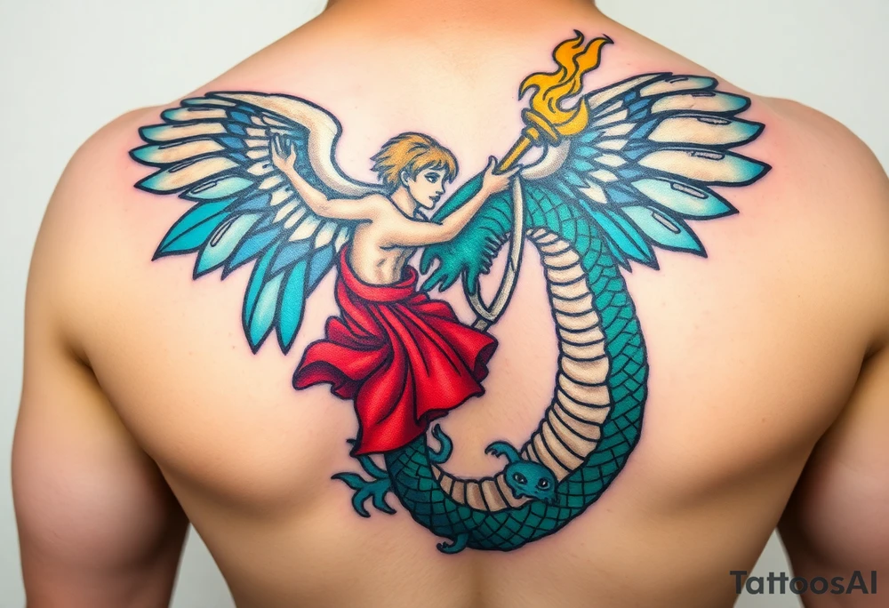 Please create a stained glass style tattoo design featuring an angel battling a sea serpent. The angel should have a dynamic pose, wielding a weapon, and the sea serpent should be large, menacing, and breathing fire. The design should incorporate traditional stained glass elements like bold lines, vibrant colors, and intricate patterns, capturing both the intensity of the battle and the beauty of the medium. tattoo idea