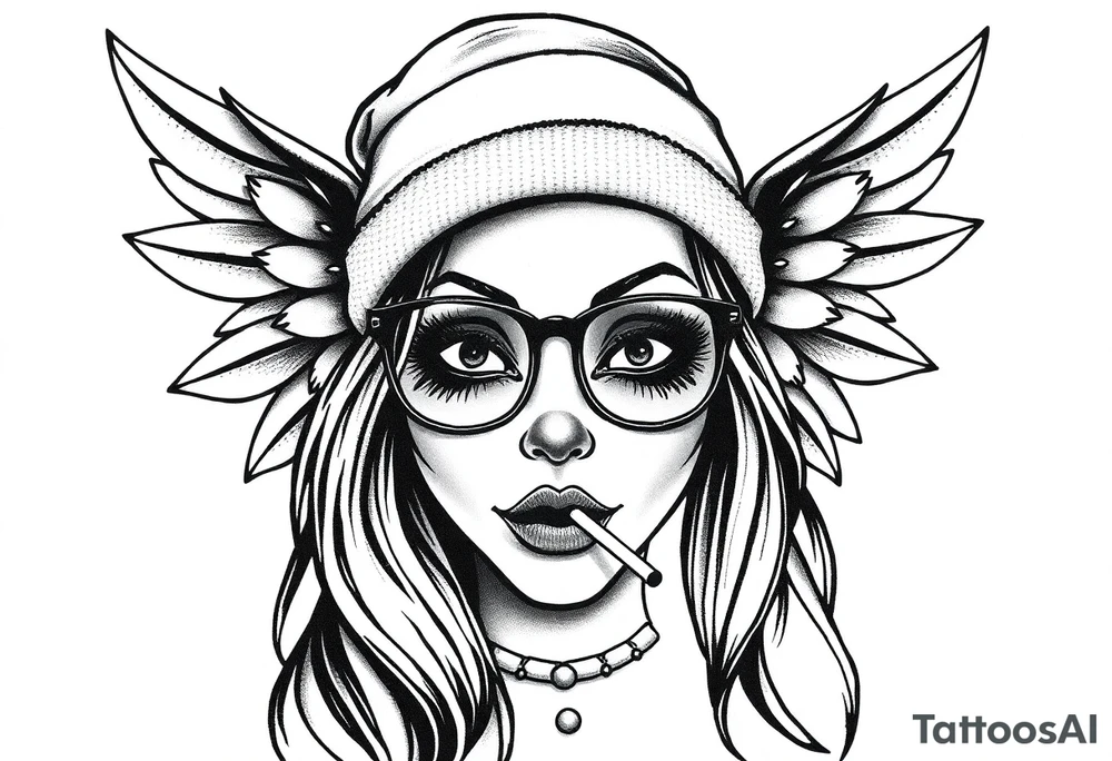 beautiful long hair pin up Clown face Girl payasa  thug beanie eyeglasses  angelic wings smoking a cigarette tattoo idea