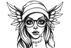 beautiful long hair pin up Clown face Girl payasa  thug beanie eyeglasses  angelic wings smoking a cigarette tattoo idea