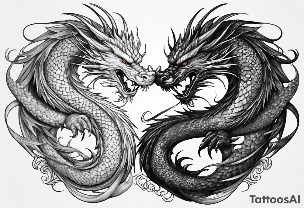 Ying yang dragons in a swirl fighting eachother , with full bodies tattoo idea