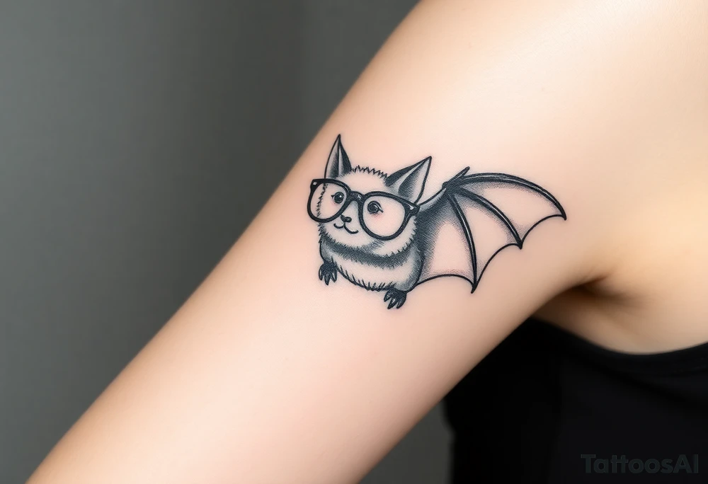 Small bat wearing wire framed glasses tattoo idea