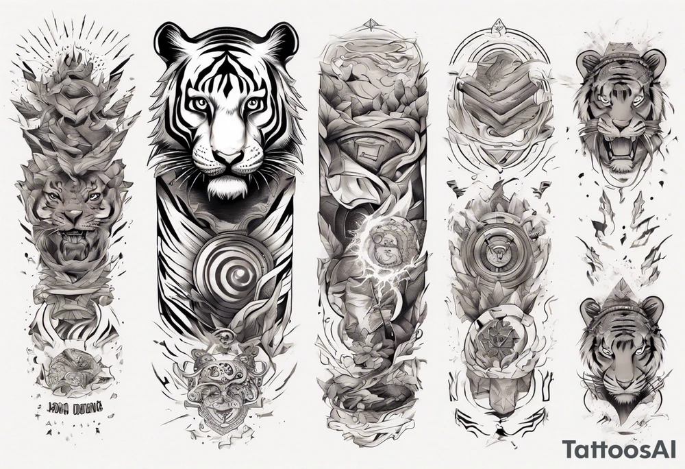 Ancient tiger with lightning and a sun for a forearm sleeve. With patterns surrounding it tattoo idea