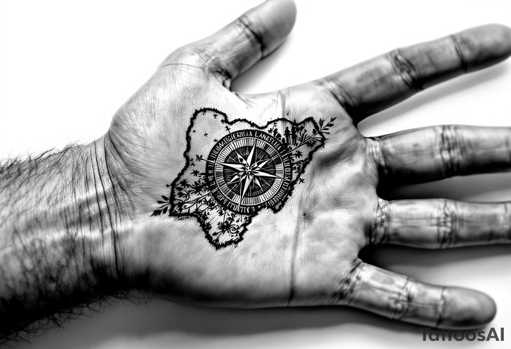 Compass on the back of the palm in the shape of Nigeria with longitude written on the top and latitude written on the bottom. tattoo idea