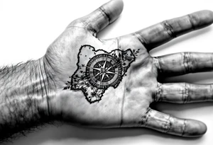 Compass on the back of the palm in the shape of Nigeria with longitude written on the top and latitude written on the bottom. tattoo idea