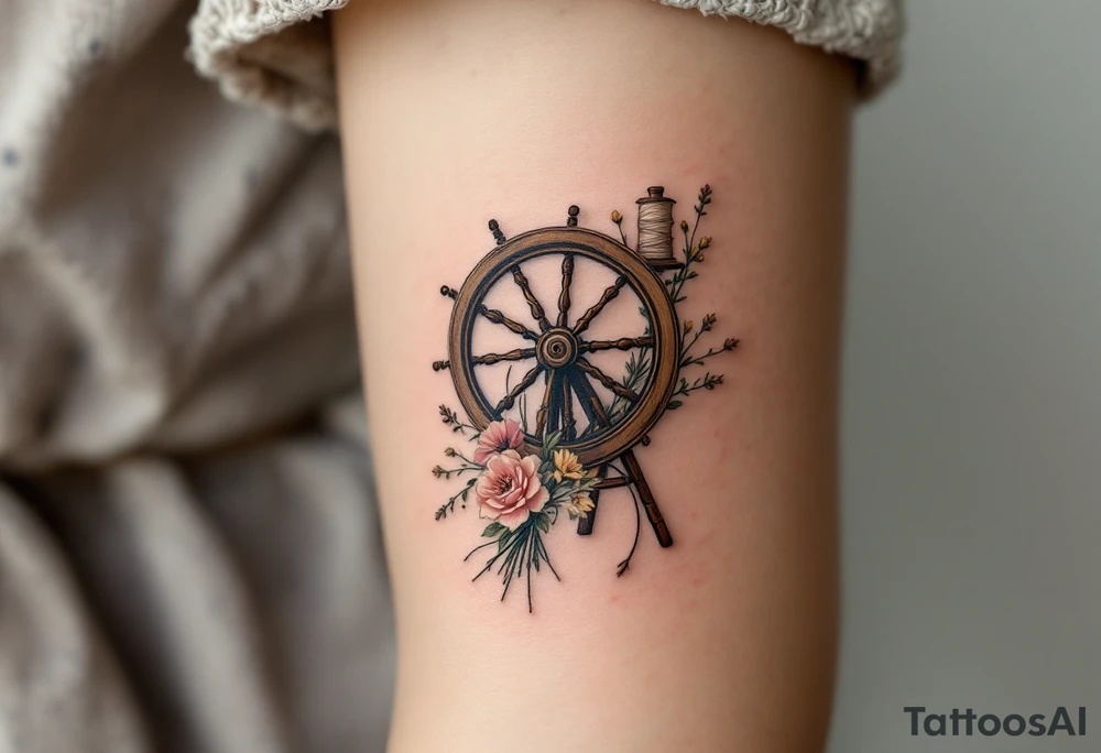 Vintage spinning wheel tattoo, crafted from aged oak, with a spool of soft cream-colored yarn, resting beside a bundle of wildflowers in muted pink and yellow. tattoo idea