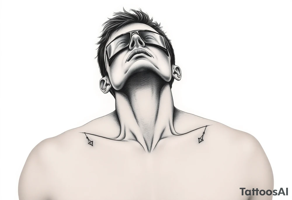 a naked man covered his eyes and mouth and looking up the sky tattoo idea