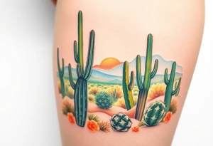 A scenic view of cactuses in the desert landscape of Arizona on a sunny day tattoo idea