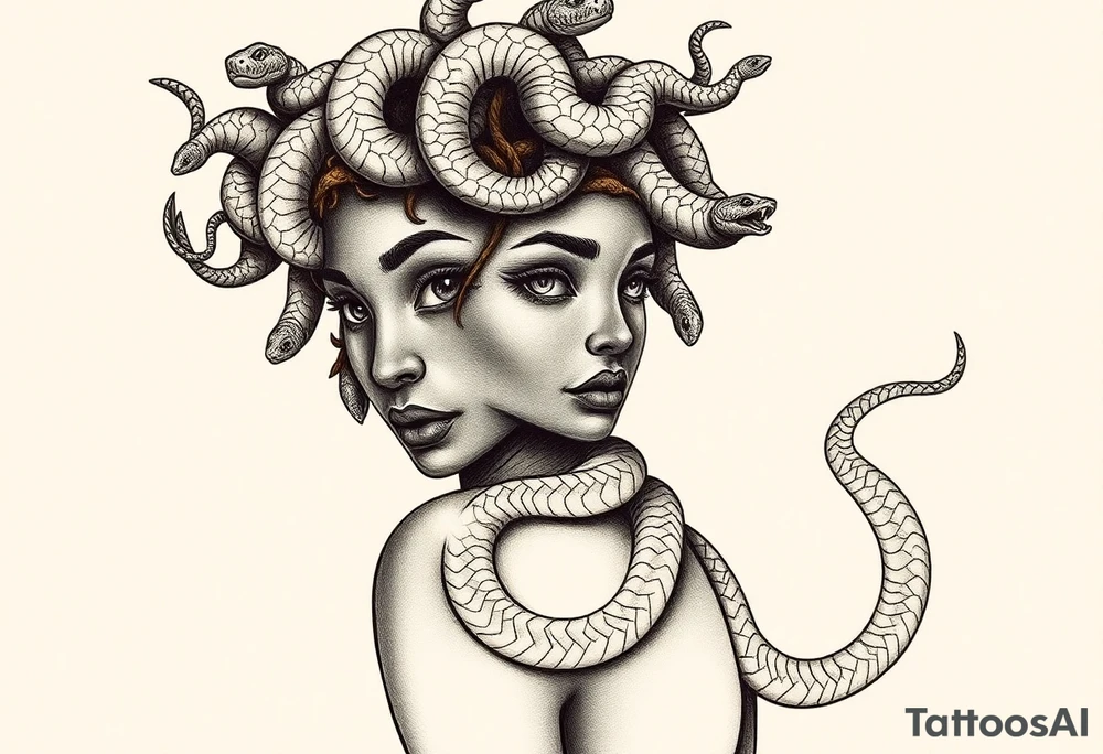 Beautiful Black woman who is looks like Medusa with varied size snakes coming out of her head and wrapping around a crown. She should be positioned as if she’s looking over her right shoulder at the viewer with a seductive but slightly threatening, piercing gaze. One large snake should encircle her and come upwards as if it’s crawling over my right shoulder to make its way down my right arm tattoo idea