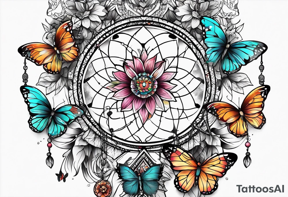 Dream catchers, butterflies, and lotus flowers tattoo idea