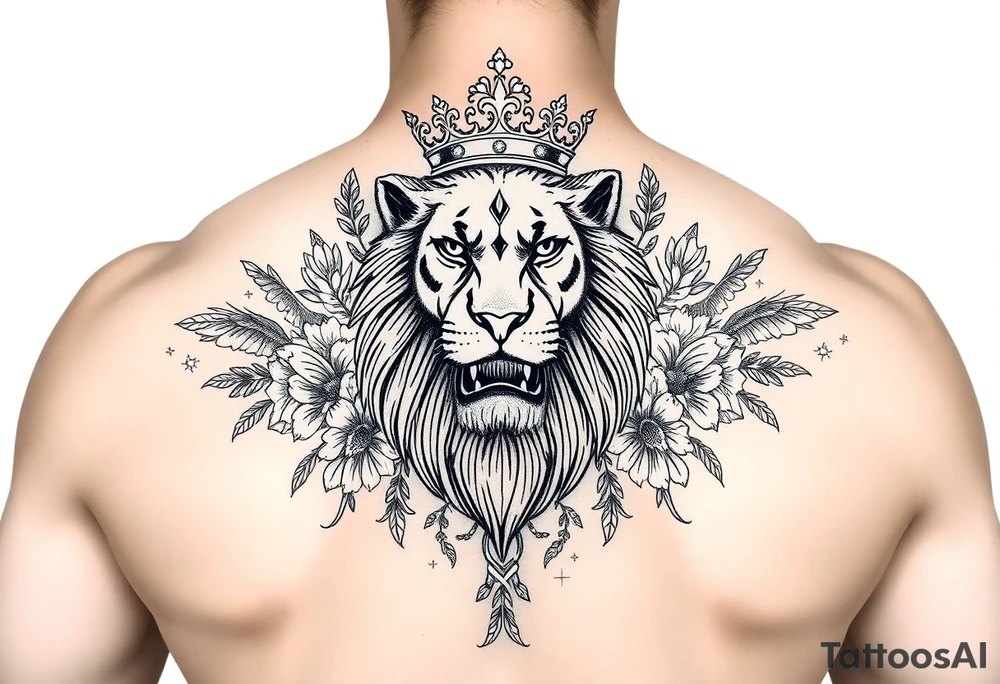 powerful majestic lion with a crown, surrounded by floral ornaments and birds tattoo idea