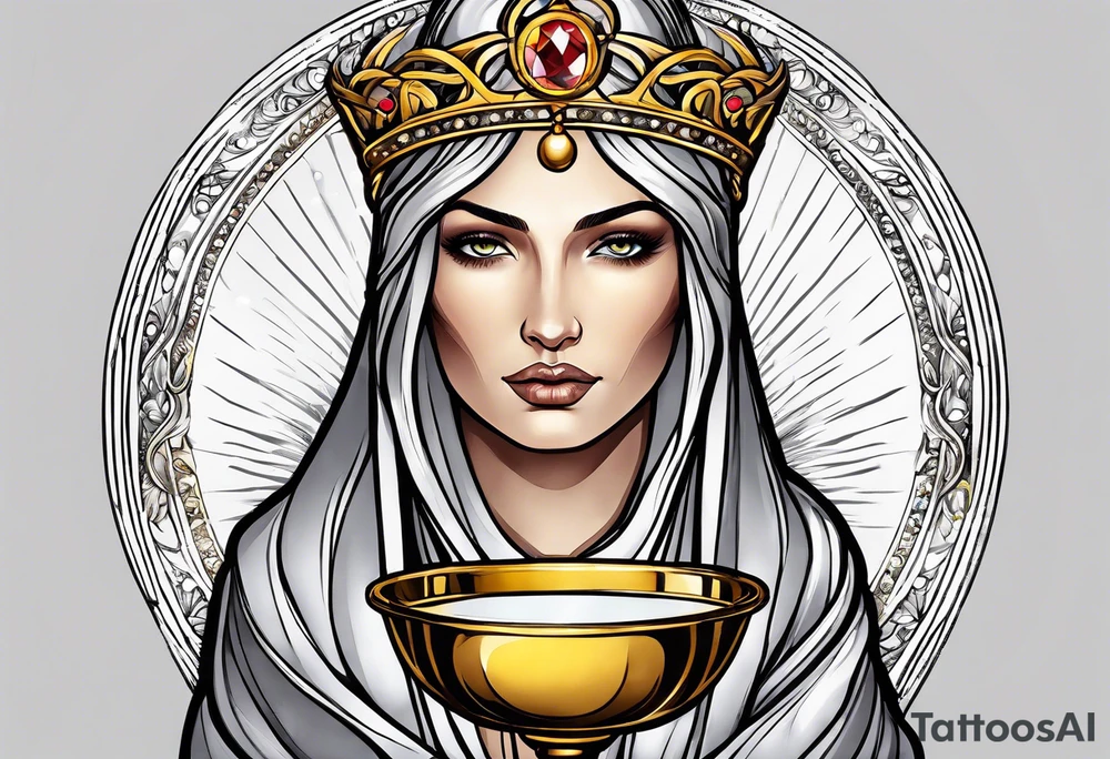 holy saint woman with golden halo holding a chalice tattoo idea