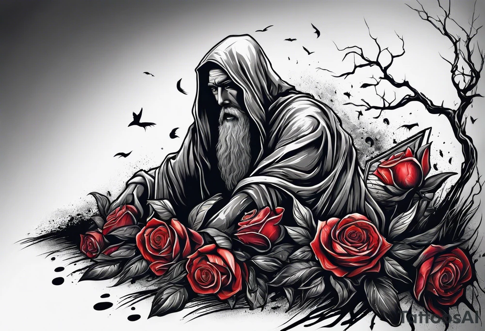 Person emerging from grave. 
MIW Reincarnate written on gravestone tattoo idea