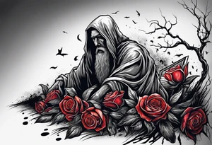 Person emerging from grave. 
MIW Reincarnate written on gravestone tattoo idea