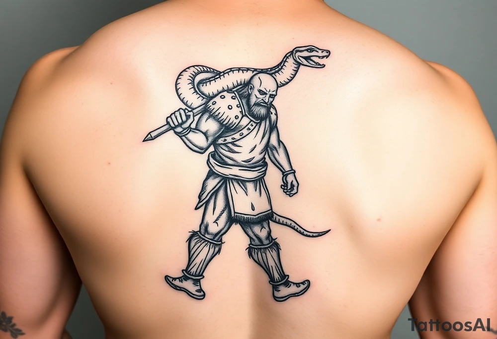A giant walking carrying a snake over his shoulder tattoo idea