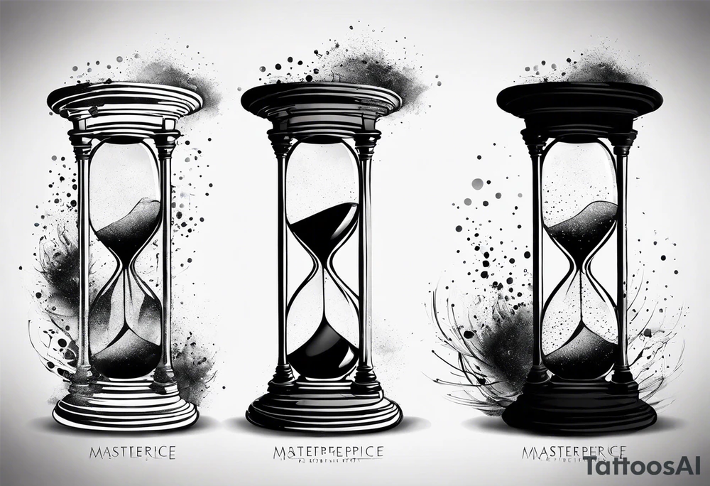 Hourglass, cosmic dust exploding from the top and bottom of the hourglass. Long tattoo to fit on the forearm, masculine, minimalist, 3 tiers tattoo idea