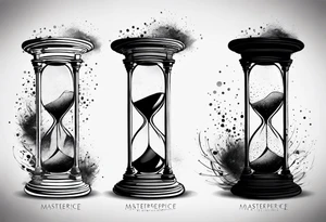 Hourglass, cosmic dust exploding from the top and bottom of the hourglass. Long tattoo to fit on the forearm, masculine, minimalist, 3 tiers tattoo idea