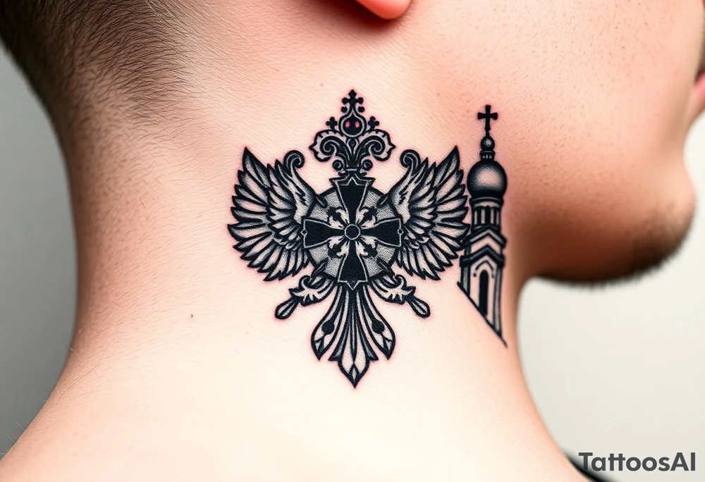 russian coat arms in a russian christian orthodox cross with the cross in the middle with a virgin mary & orthodox dome church on the side of the neck tattoo idea
