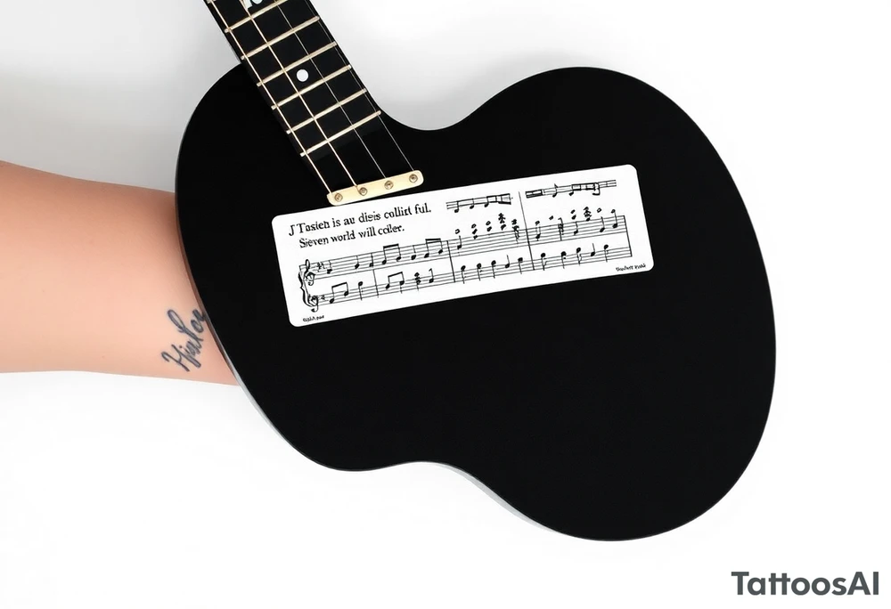 Gibson Les Paul full guitar body with the vocal sheet music for the song Distant sun by crowded house printed on the fret board of the guitar with the vocal music and the words to the line  of the song"Seven worlds will collide" tattoo idea