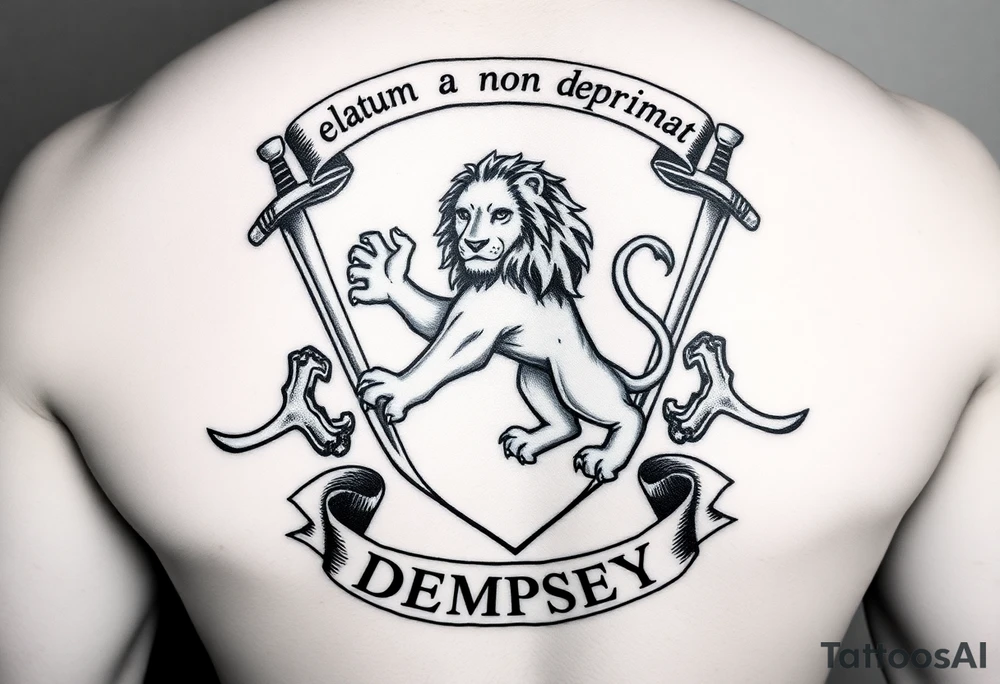 A rampant lion in between two swords with a shield surrounding both the lion and the swords. Above it are the words "elatum a deo non deprimat" inside on an outstretched scroll. And at the bottom it will say "DEMPSEY" inside of an outstretched scroll tattoo idea
