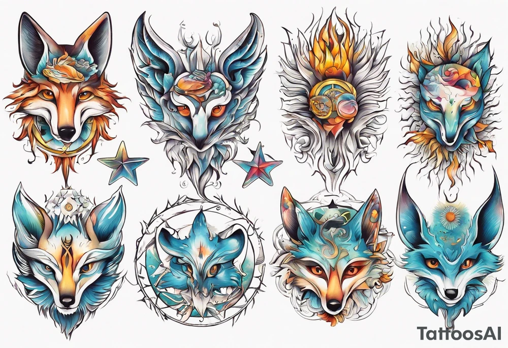 fisch, fuchs und eule , symetrie  sonne, universum, bunt tattoo idea