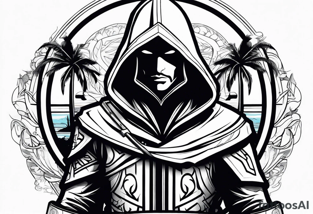 assassins creed character that is in the style of tron with palm trees tattoo idea