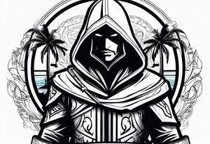 assassins creed character that is in the style of tron with palm trees tattoo idea