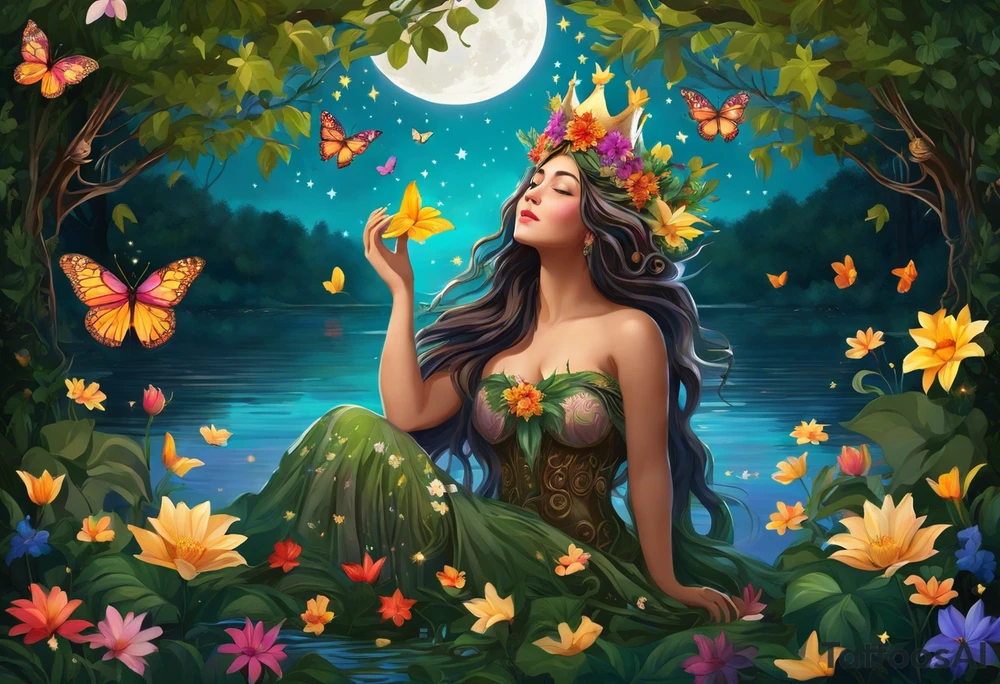 Beautiful woman made of tree, branches, and leaves surrounded by flowers. She is wearing a crown made of butterflies and has a pond and lilies near her feet with colorful vegetation. She is holding her arms upright and has her hands cupped above her head. Above her hands she has the moon, stars, and sun. The moon, stars, and sun have a flower accent. tattoo idea