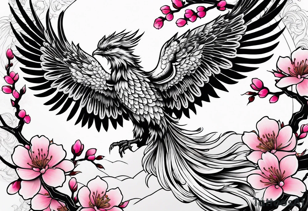 traditional Japanese phoenix and pink cherry blossoms blank background tattoo idea