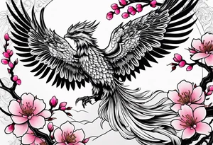 traditional Japanese phoenix and pink cherry blossoms blank background tattoo idea