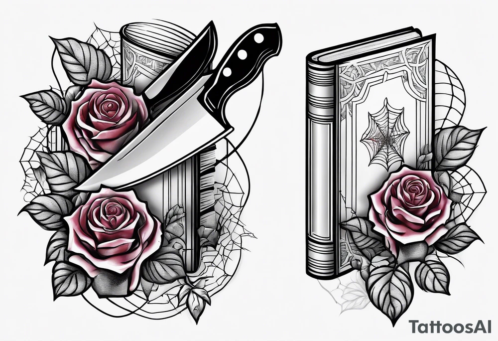 Book with meat cleaver, rose and spiderweb tattoo idea