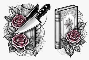 Book with meat cleaver, rose and spiderweb tattoo idea
