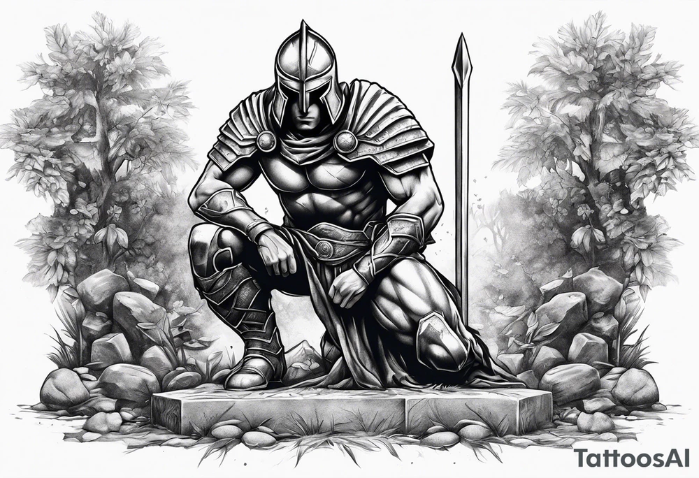 Spartan kneeling on a grave tattoo idea