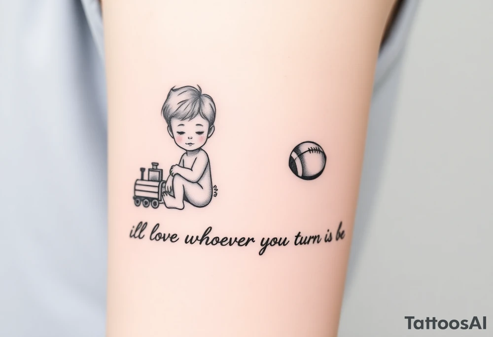 Two little boys one with small toy train one with a football written underneath "ill love whoever you turn out to be" tattoo idea