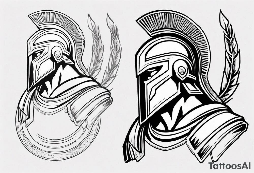 rectangular landscape format ultra-fine line linework vector of a spartan from the side, spartan spear, spartan shield, laurel wreath tattoo idea