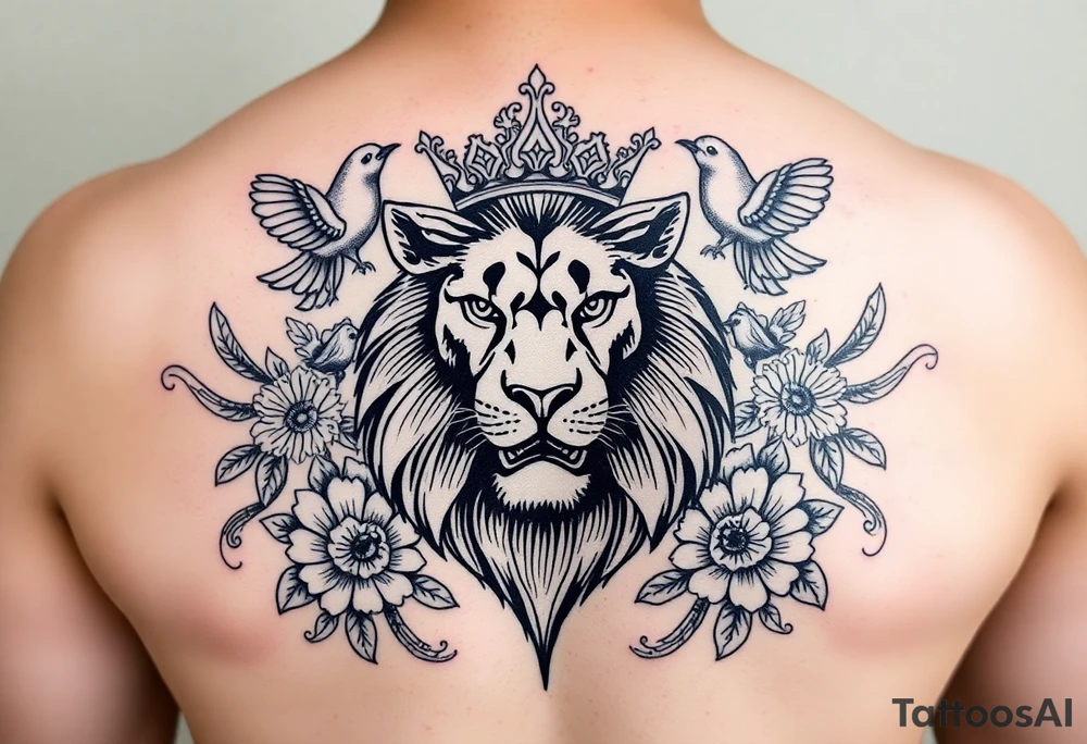 powerful majestic lion with a crown, surrounded by floral ornaments and birds tattoo idea