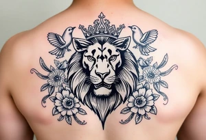 powerful majestic lion with a crown, surrounded by floral ornaments and birds tattoo idea