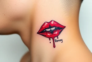 Seductive Stain from lipstick kiss with name Reney lowercase with drool tattoo idea